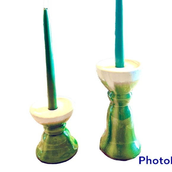 Vintage Pottery Green & White Taper Candle Holders Christmas Wedding Home Decor - Picture 5 of 9